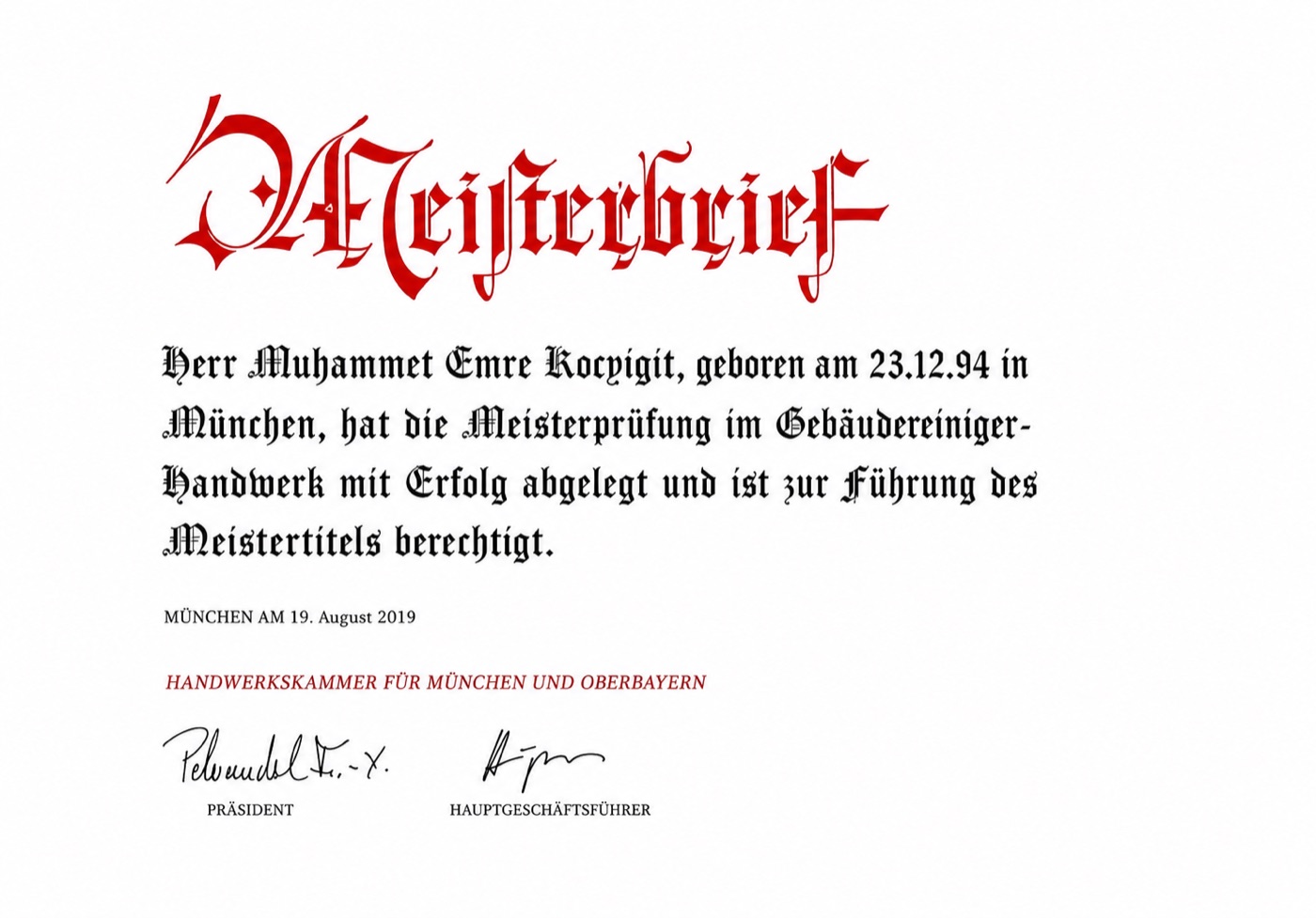 Meisterbrief im Gebäudereiniger-Handwerk – Handwerkskammer für München und Oberbayern, 19. August 2019